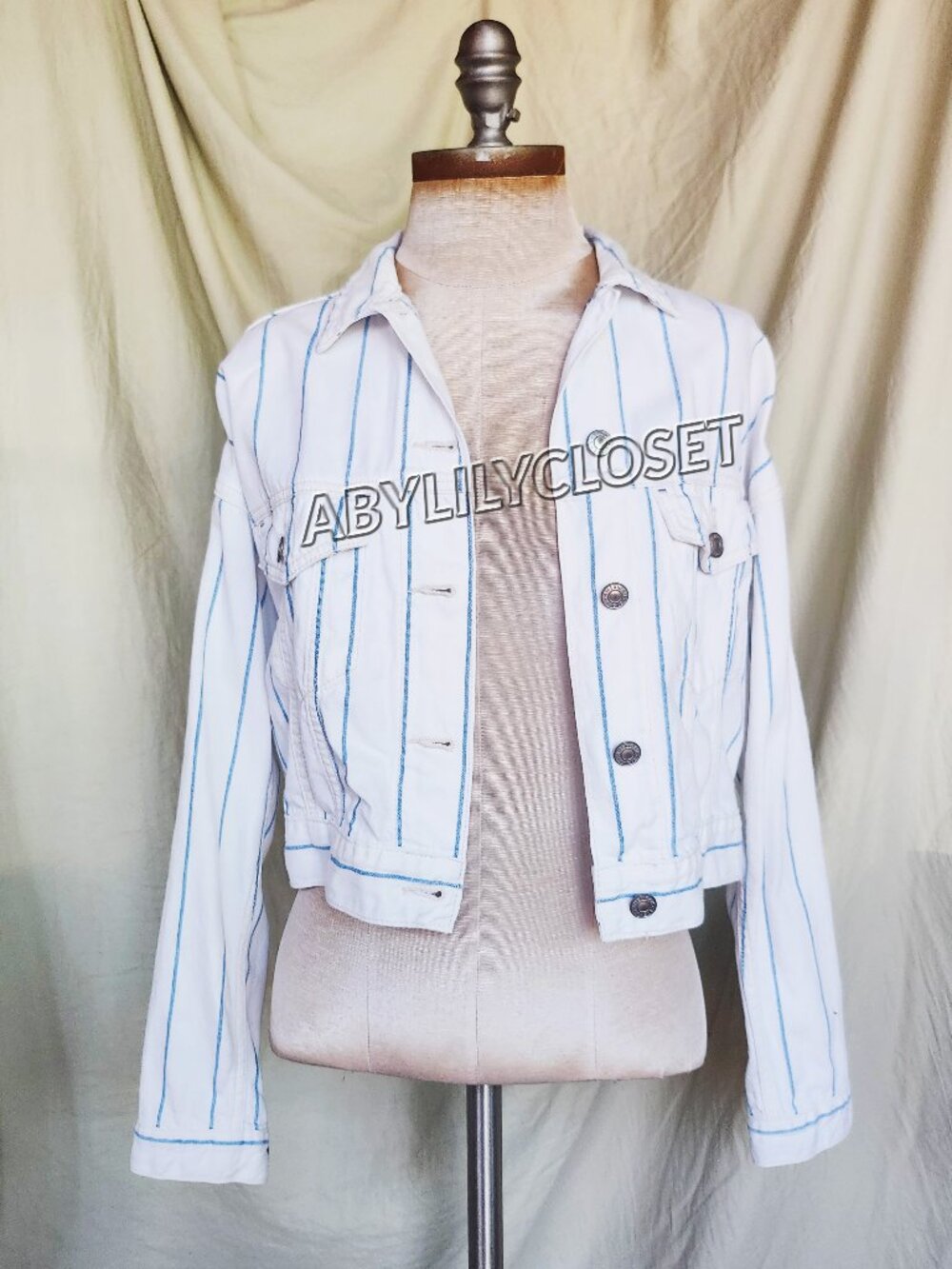 AE Cropped White Blue Stripe Denim Jean Jacket Size XXS 100% Cotton